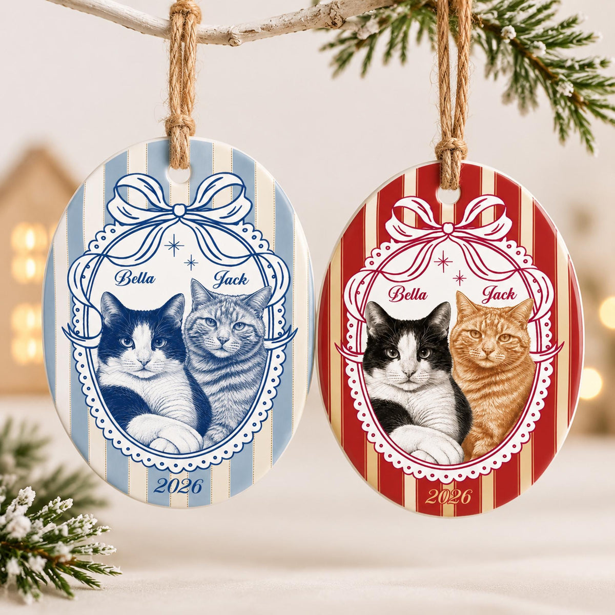 Two oval ceramic ornaments with jute twine hangers. One features blue stripes, a blue bow, and illustrations of two cats labeled Bella and Jack with the year 2026. The other has red stripes, a red bow, and the same cat names and year.