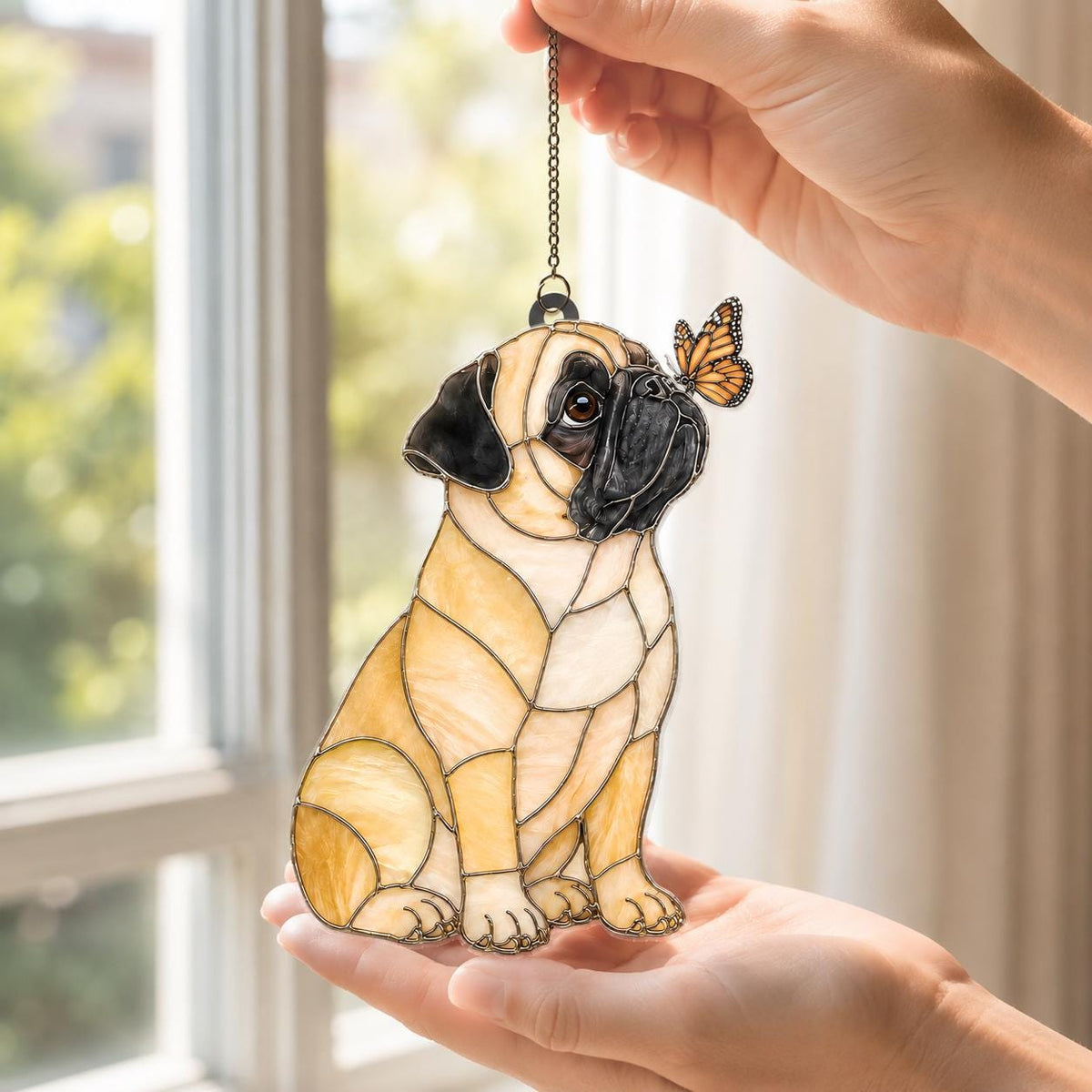 Personalized Pug Acrylic Suncatcher, Pug Dog Butterfly Window Hanging, Custom Dog Lover Gift, Pet Memorial Home Decor image 1
