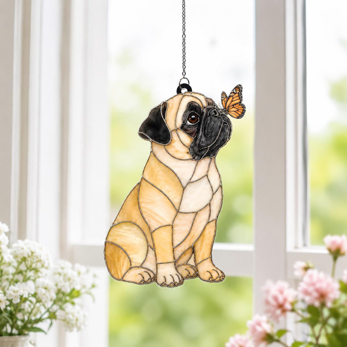 A stained glass suncatcher shaped like a fawn-colored pug with a black muzzle and ears, sitting and looking up at a small orange and black monarch butterfly perched on its nose. The piece hangs from a silver-toned metal chain.
