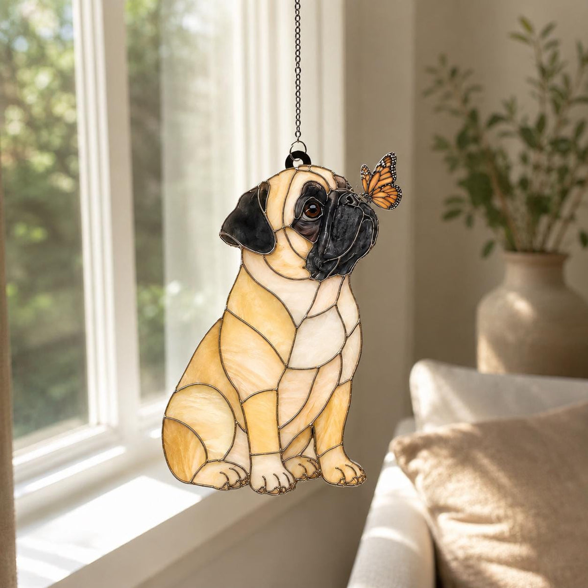 A stained glass suncatcher shaped like a sitting pug dog with tan and black glass pieces. The pug has a small orange and black butterfly perched on its nose. The piece is suspended by a thin metal chain against a bright window.