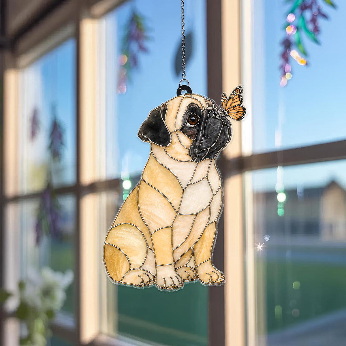 Pug & Butterfly Suncatcher With Name - Personalized Stained Glass Style Acrylic Window Hanging - Pug Mom Gift