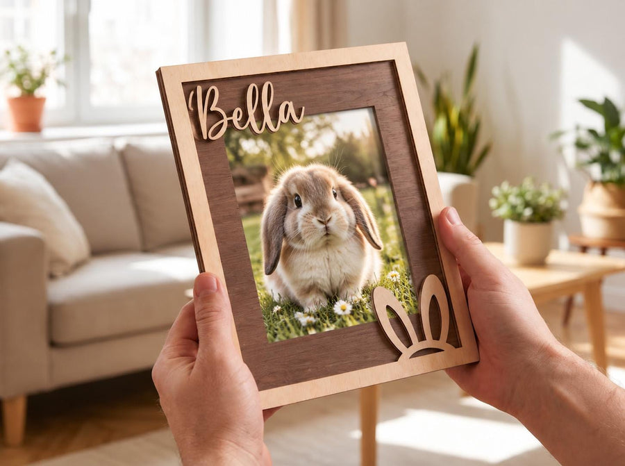 A rectangular wooden picture frame featuring a dark brown wood grain center panel and a light wood border. The name Bella is cut out in script lettering at the top left, and a pair of rabbit ears is cut out at the bottom right corner.