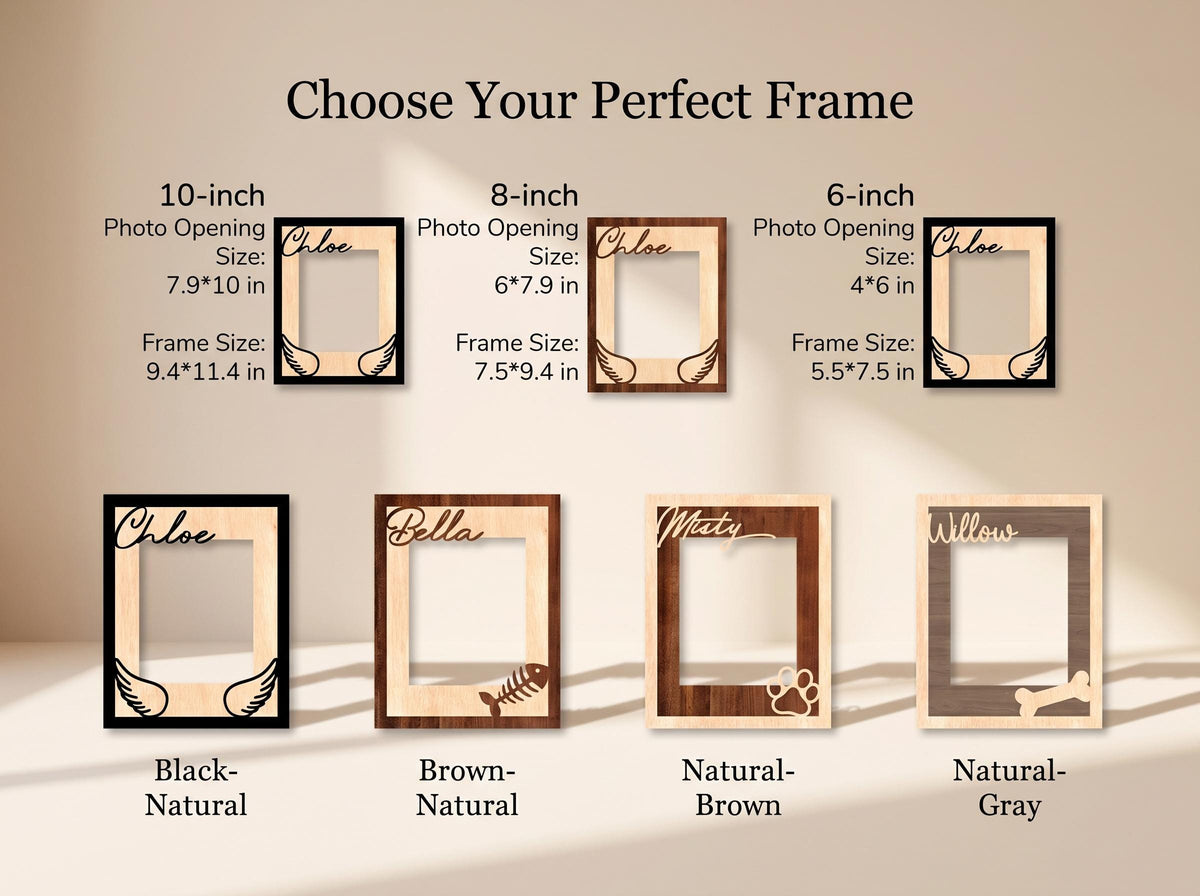 A collection of rectangular wooden photo frames with custom names and icons like wings, fish bones, paw prints, and bones. The text Choose Your Perfect Frame is at the top, with sizes listed in inches for 10-inch, 8-inch, and 6-inch options.