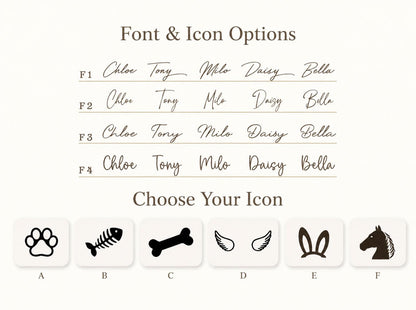 A chart displaying Font & Icon Options with four rows of text labeled F1 through F4, showing names like Chloe, Tony, Milo, Daisy, and Bella in various scripts. Below, a Choose Your Icon section features six black icons: paw, fish bone, bone, wings, ears, and horse head.