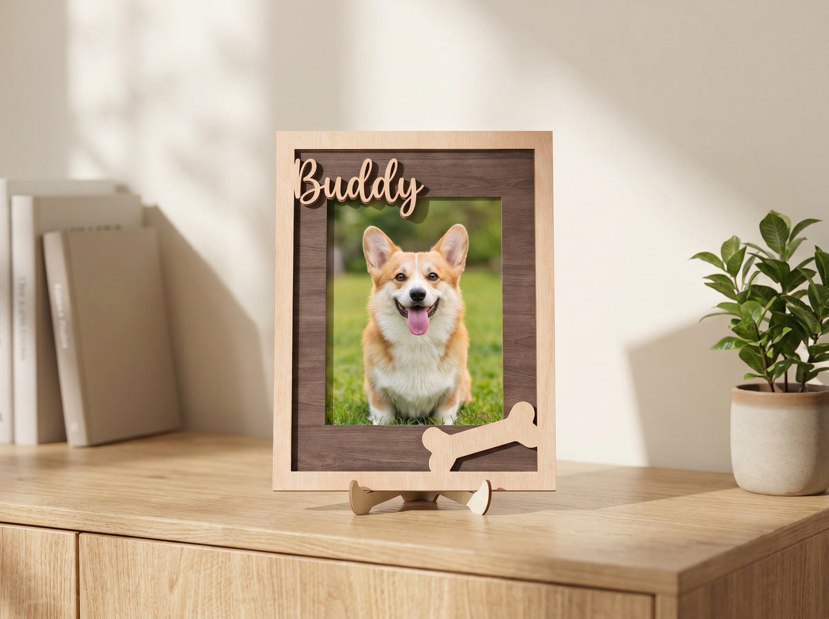 A rectangular wooden picture frame featuring a dark brown inner border and a light wood outer frame. The top left corner displays the name Buddy in cursive script, and a light wood bone-shaped cutout is attached to the bottom right corner.