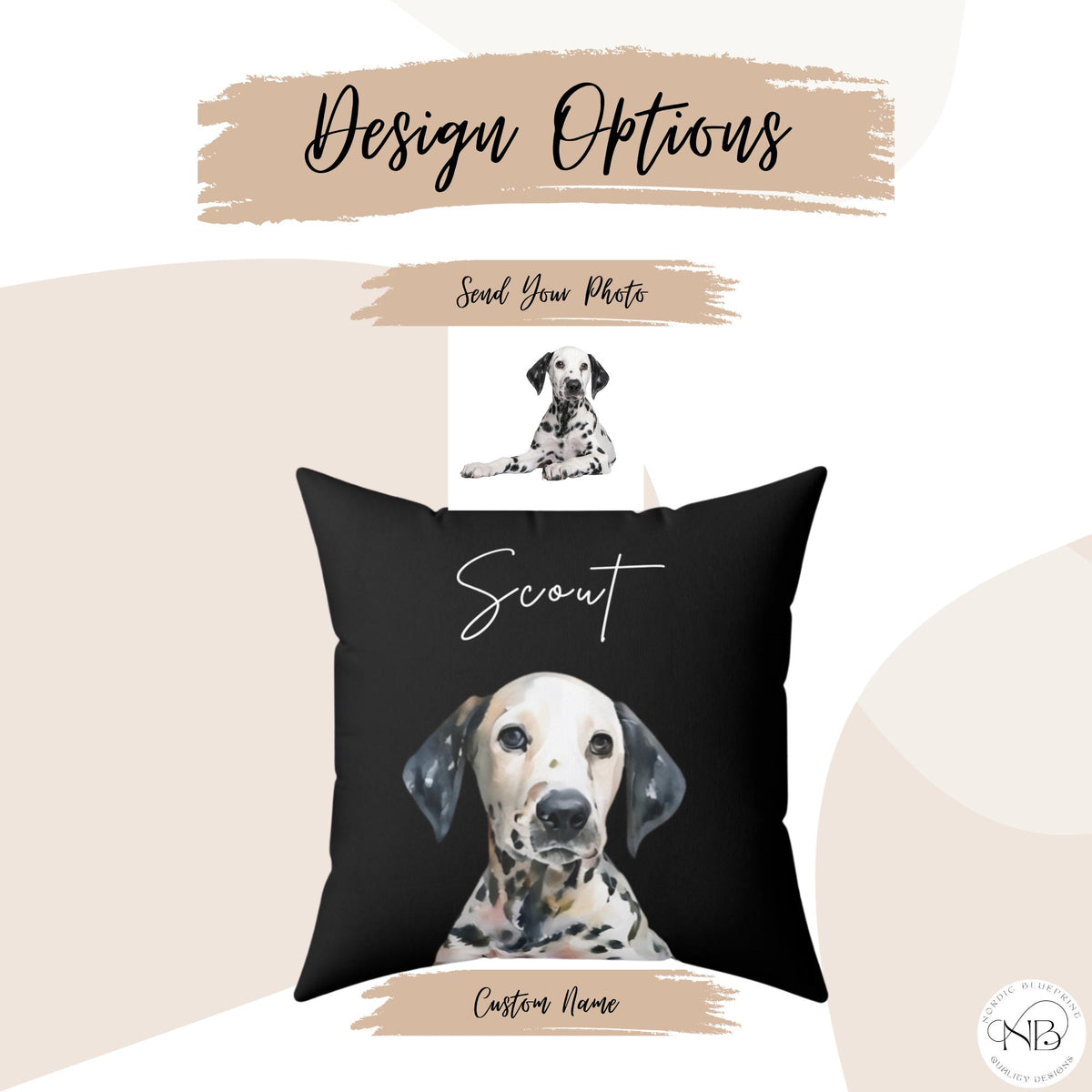 A black and white custom pet pillow with a dalmatian dog illustration and the name "Scout" printed in white. The pillow is on a white background with the text "Send Your Photo" and "Custom Name" printed in black.