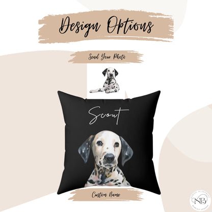 A black and white custom pet pillow with a dalmatian dog illustration and the name "Scout" printed in white. The pillow is on a white background with the text "Send Your Photo" and "Custom Name" printed in black.