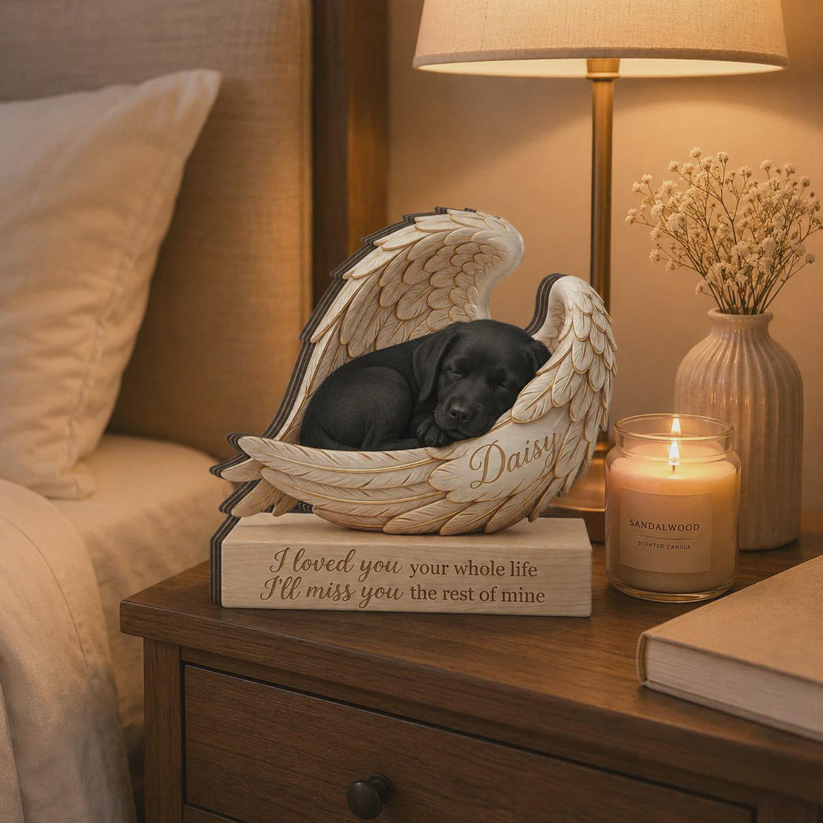 A memorial figurine featuring a black puppy sleeping inside a pair of cream-colored angel wings. The base is engraved with the text, I loved you your whole life I'll miss you the rest of mine, and the name Daisy is on the wing.