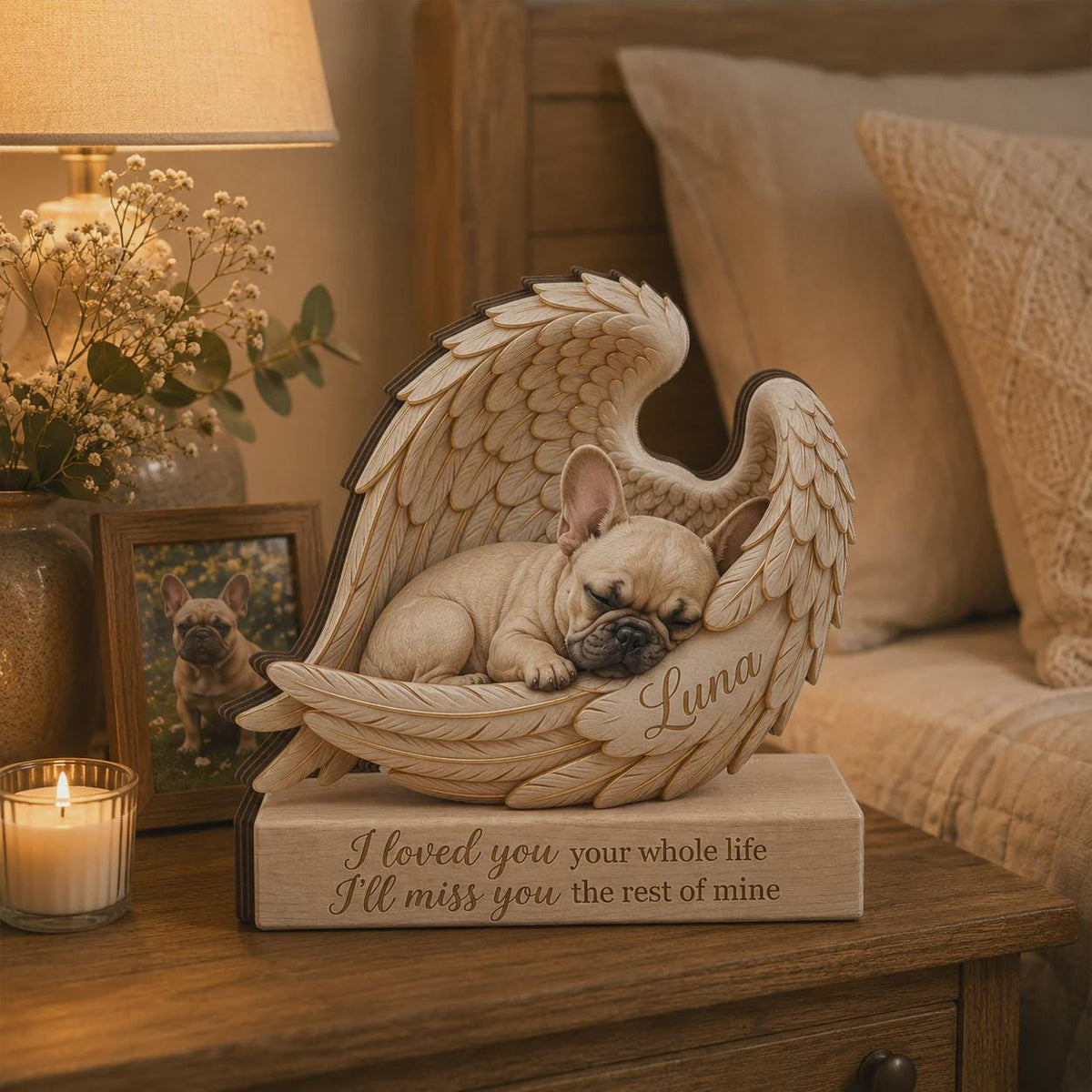 A tan French Bulldog figurine sleeping inside a pair of large, carved angel wings. The base features the engraved text, "I loved you your whole life I'll miss you the rest of mine," and the name "Luna" is etched on the wing.