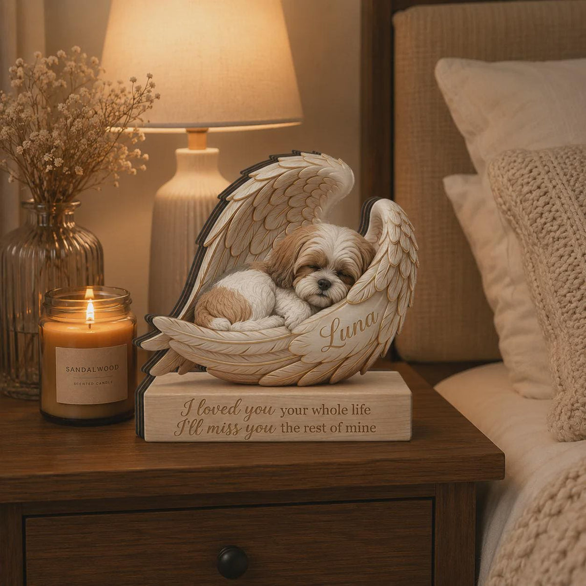 A memorial figurine featuring a small brown and white dog sleeping inside a pair of large, detailed angel wings. The name Luna is engraved on the wing, and the base features the text: I loved you your whole life I'll miss you the rest of mine.