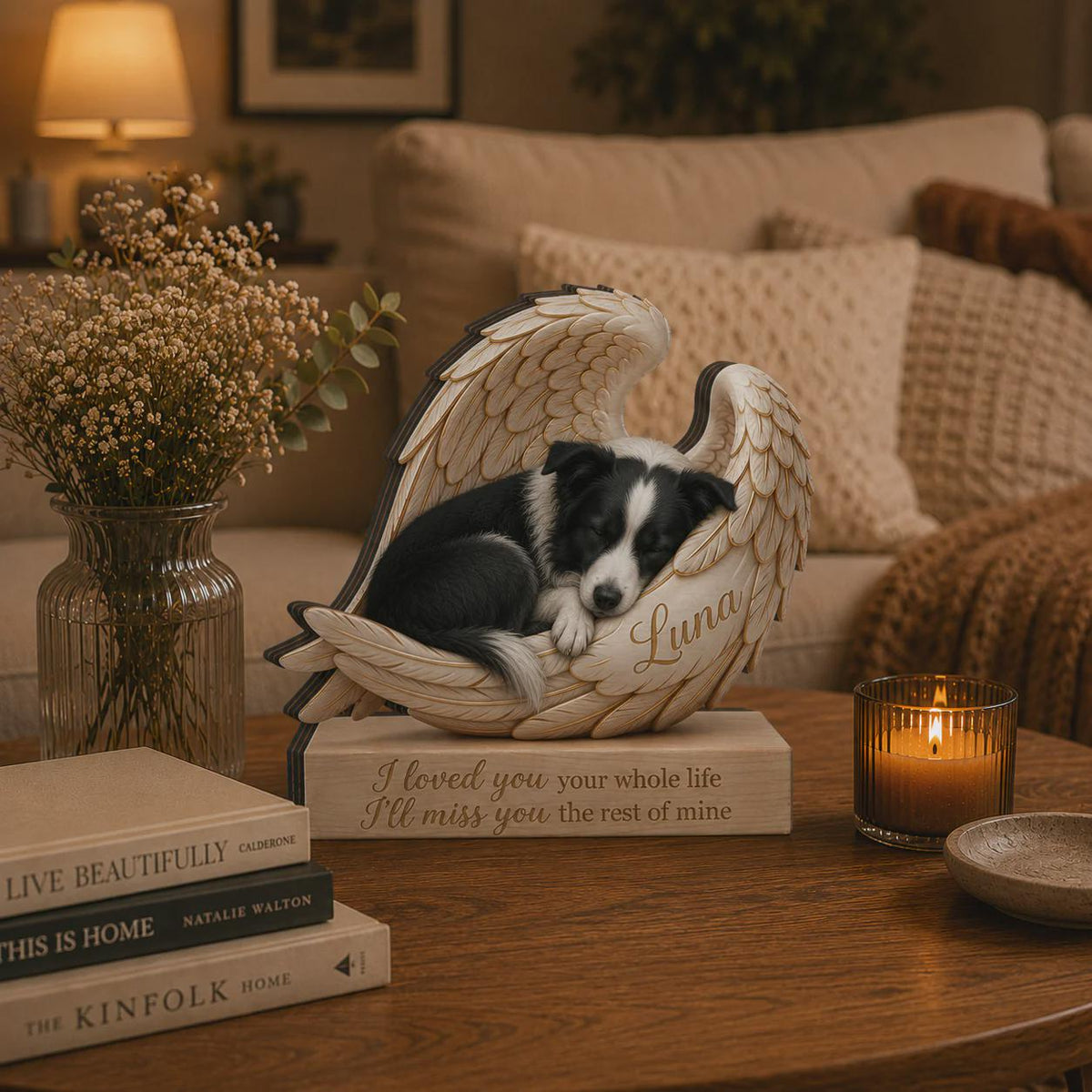 A memorial figurine featuring a black and white dog sleeping inside a pair of cream-colored angel wings. The base is engraved with the text 'I loved you your whole life I'll miss you the rest of mine' and the name 'Luna' on the wing.