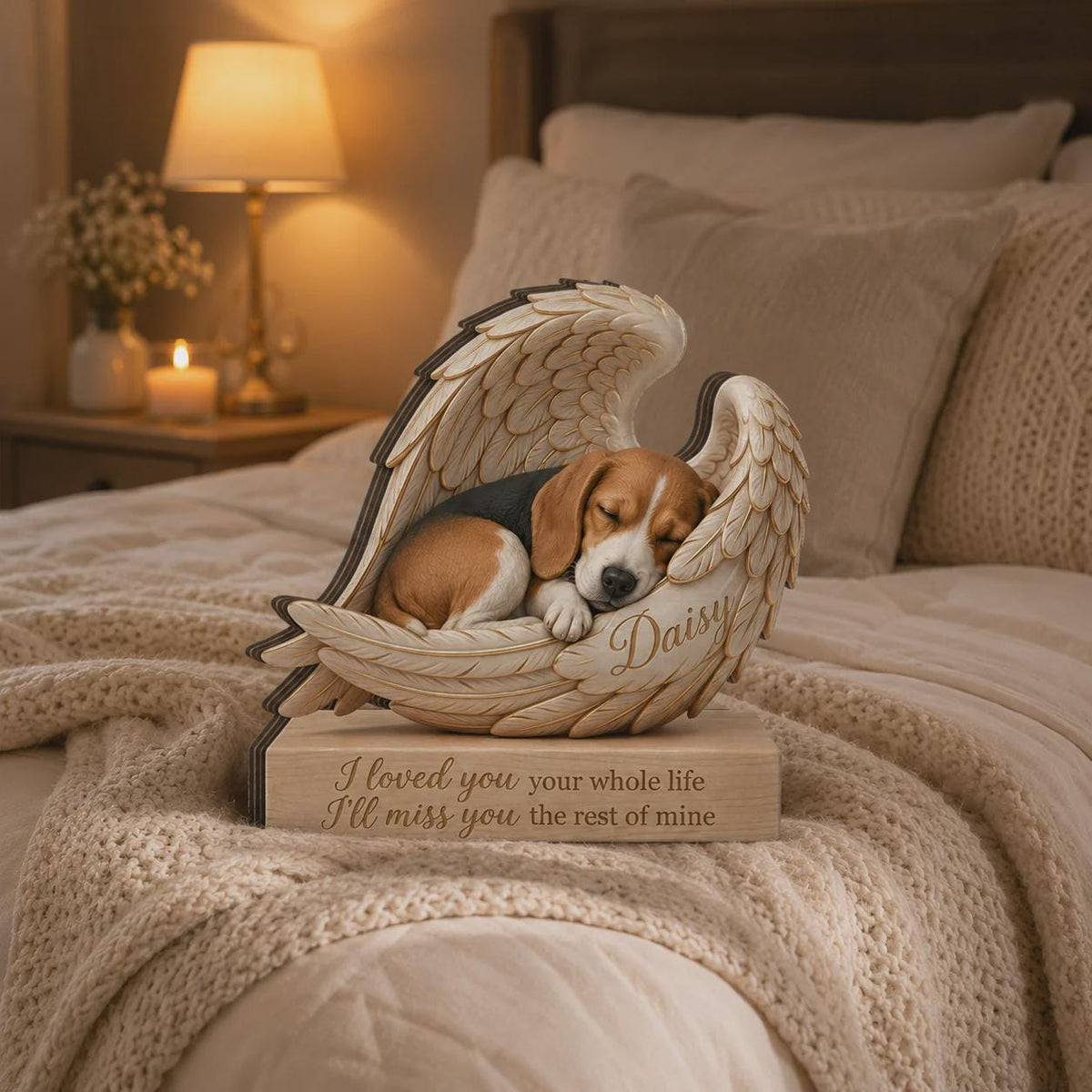 A memorial figurine featuring a sleeping beagle puppy nestled within a pair of large, cream-colored angel wings. The name Daisy is engraved on the wing, and the base bears the text: I loved you your whole life, I'll miss you the rest of mine.