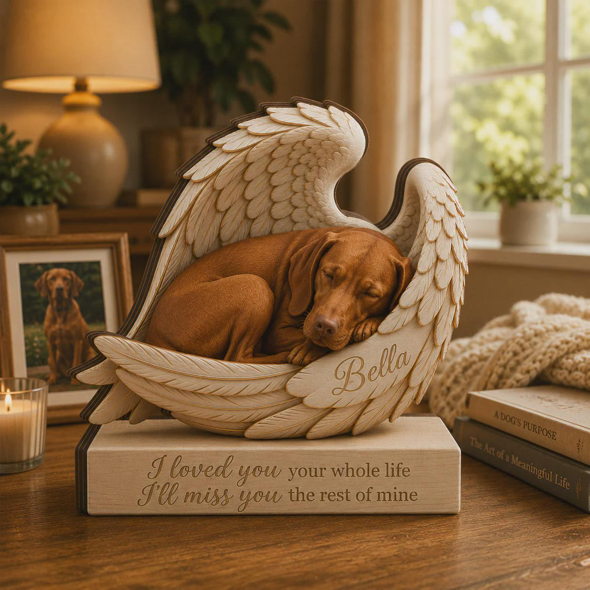 A wooden memorial sculpture featuring a brown dog sleeping inside a pair of carved angel wings. The name Bella is engraved on the wing, and the base features the text: I loved you your whole life, I'll miss you the rest of mine.