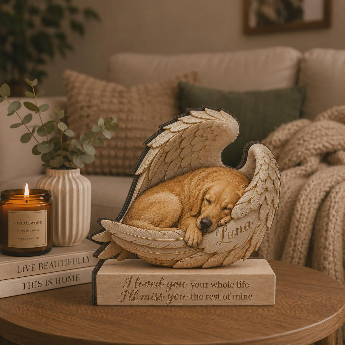 A tan dog figurine sleeping inside a pair of large, detailed angel wings. The name Luna is engraved on the wing. The figurine rests on a rectangular base with the engraved text: I loved you your whole life I'll miss you the rest of mine.