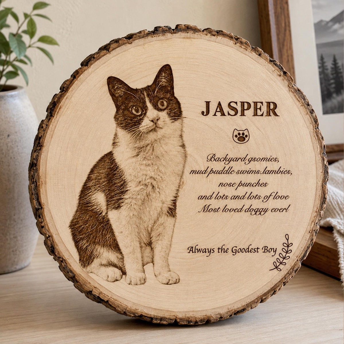 A circular wood slice plaque featuring a laser-engraved portrait of a cat. The text reads: JASPER, followed by a paw print icon and the inscription: Backyard gromies, mud puddle swims, lambies, nose punches and lots and lots of love. Most loved doggy ever! Always the Goodest Boy.