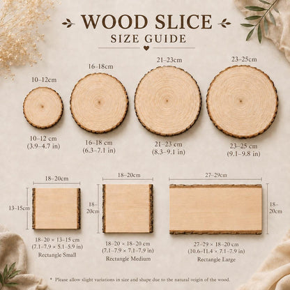 A wood slice size guide displaying four circular wood slices ranging from 3.9 to 9.8 inches and three rectangular wood slices ranging from 7.1 to 11.4 inches in width. The text reads WOOD SLICE SIZE GUIDE and includes dimensions.