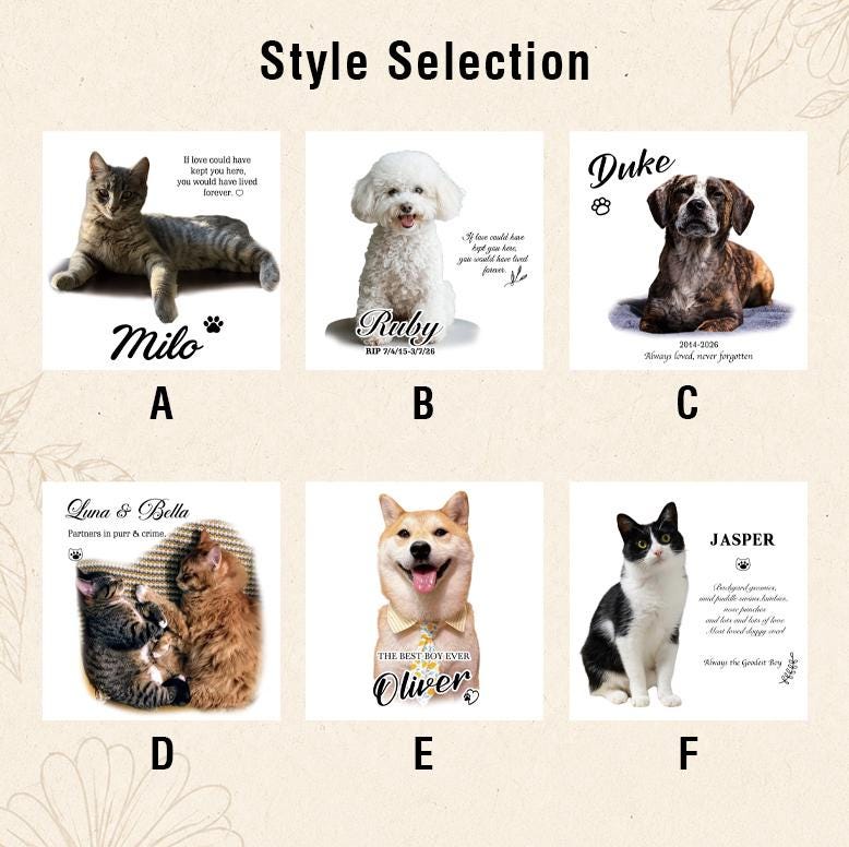 A style selection chart featuring six square pet memorial designs labeled A through F. Each design displays a photograph of a cat or dog, a pet name, and personalized text. The layout includes images of various breeds with decorative paw print icons and memorial quotes.