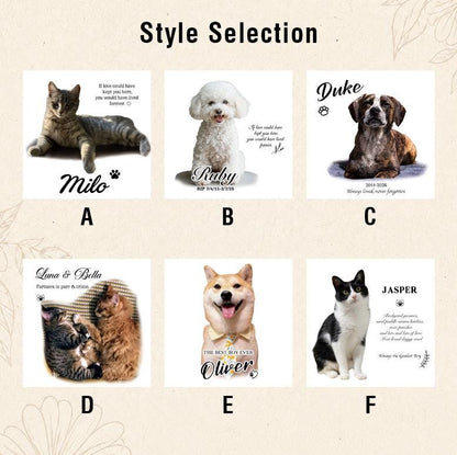 A style selection chart featuring six square pet memorial designs labeled A through F. Each design displays a photograph of a cat or dog, a pet name, and personalized text. The layout includes images of various breeds with decorative paw print icons and memorial quotes.