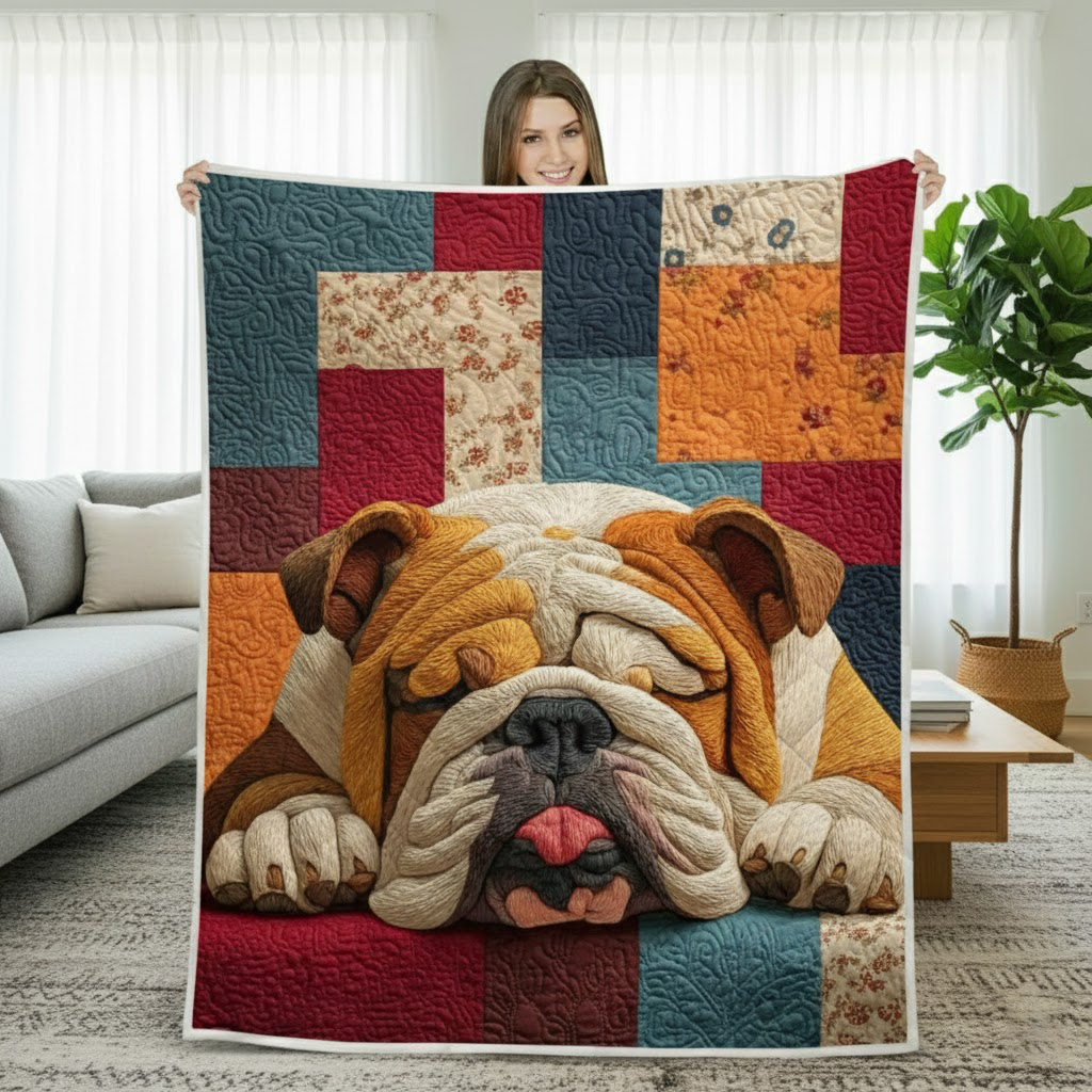 Sleeping Bulldog Quilt Blanket, Dog Throw Blanket, Dog Lover Gift, Quilted Bed Blanket, Dog