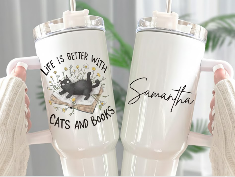 Life is better with Cats and Books Tumbler, Black Cat on Books Tumbler, Cute Bookish Tumbler for Book Lover, Black Cat Mug, Reading Mug