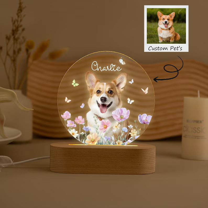 Personalized Pet Photo Memorial Night Light: Dog Cat Loss Sympathy Gift