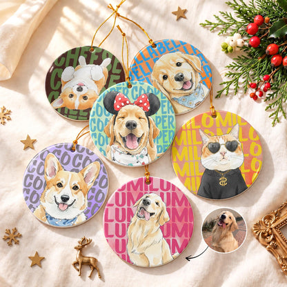 Six round ceramic ornaments featuring illustrations of dogs and a cat. Each ornament displays a pet portrait against a colorful background with repeating name text. One ornament shows a small photo of a golden retriever dog.
