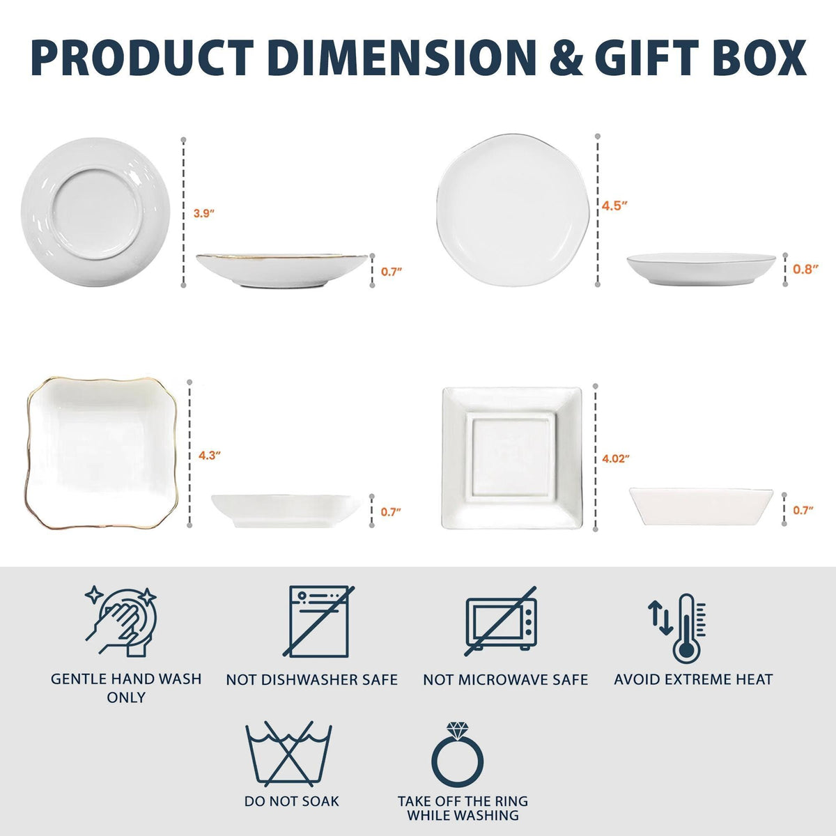 Four white ceramic dishes with gold rims, shown from top and side views with dimensions in inches: 3.9, 4.5, 4.3, and 4.02 inches wide, all 0.7 or 0.8 inches high. Includes care icons for hand washing, no dishwasher, no microwave, and heat avoidance.