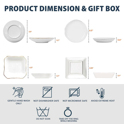 Four white ceramic dishes with gold rims, shown from top and side views with dimensions in inches: 3.9, 4.5, 4.3, and 4.02 inches wide, all 0.7 or 0.8 inches high. Includes care icons for hand washing, no dishwasher, no microwave, and heat avoidance.