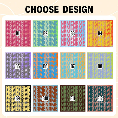A grid of twelve square design options labeled B1 through B12, each featuring the repeated text NAMENAME in a bold, sans-serif font. The designs display various color combinations, including pink, green, blue, orange, purple, and yellow.